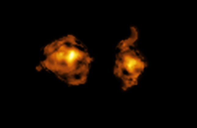 ALMA-opname van twee sterrenstelsels die verwikkeld zijn in een kosmisch steekspel. © ALMA (ESO/NAOJ/NRAO)/S. Balashev, P. Noterdaeme, et al.