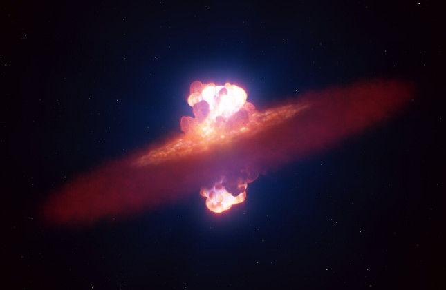 Deze afbeelding geeft een impressie van supernova SN 2024ggi, die in 2024 te zien was in het sterrenstelsel NGC 3621. © ESO/L. Calçada