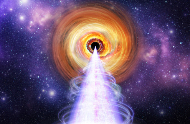 Artist’s impression van het centrale gebied van de blazar BL Lacertae, een superzwaar zwart gat, omringd door een heldere schijf en een jet die richting aarde wijst. © NASA/Pablo Garcia