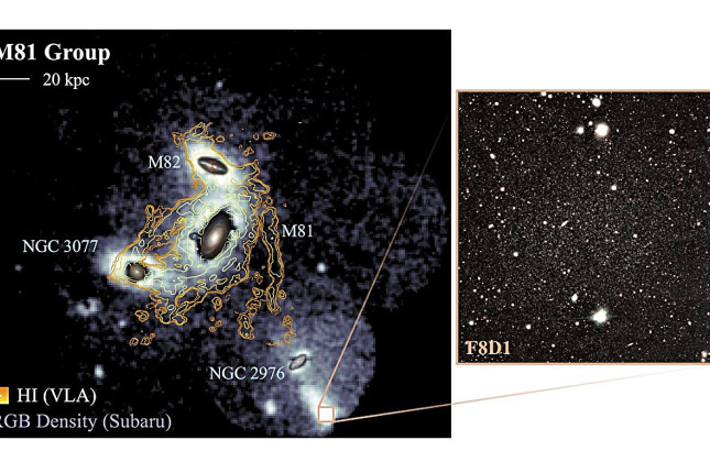 Verdeling van de rode reuzensterren in de M81-groep, met rechtsonder het ultradiffuse sterrenstelsel F8D1 (inzet). © arXiv DOI: 10.48550/arxiv.2507.13349