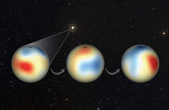 Het variërende magnetische veld van de ster Iota Horologii op drie verschillende tijdstippen. Gemiddeld voltooit de ster zijn magnetische cyclus in 2,1 jaar. © AIP/J. Alvarado-Gómez; background: Digitized Sky Survey - STScI/NASA.