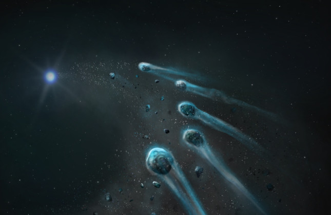 Impressie van de ‘sloop’ van een klein, ijzige hemellichaam onder invloed van de sterke zwaartekracht van een witte dwergster. © Snehalata Sahu/University of Warwick