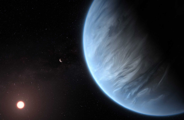 Illustratie van exoplanet K2-18b. Vermoed wordt dat de planeet een dikke atmosfeer heeft, maar geen oceaan. © (ESA/Hubble, M. Kornmesser, CC BY 4.0)