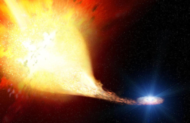 Artist’s impression van een dubbelstersysteem waarin een normale ster materie overdraagt aan een witte dwerg. Dat kan uiteindelijk leiden tot een supernova-explosie van type Ia.  © ESA/Justyn R. Maund (University of Cambridge)