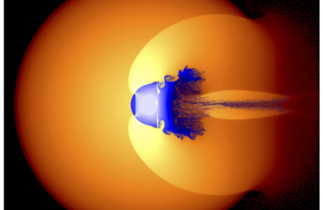 Simulatie van de botsing tussen de kern van Jupiter en een andere planeet, wat schokgolven en turbulente vermenging veroorzaakt. © Thomas Sandnes/Durham University