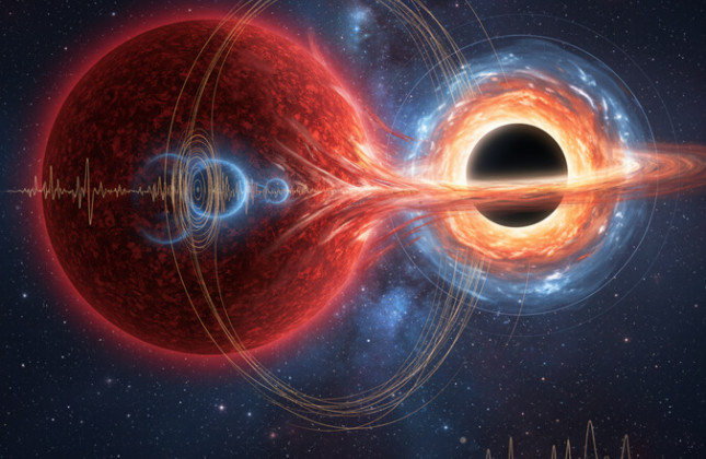 Met AI gegenereerde afbeelding van een rode reuzenster die om een slapend zwart gat in het stersysteem Gaia BH2 draait. © University of Hawaï