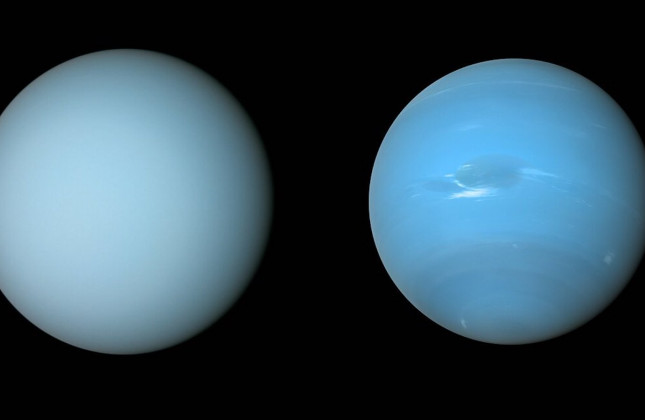 Deze foto’s van Uranus (links) en Neptunus (rechts), zijn in de jaren 80 van de twintigste eeuw gemaakt door ruimtesonde Voyager 2. © NASA/JPL-Caltech/B. Jónsson