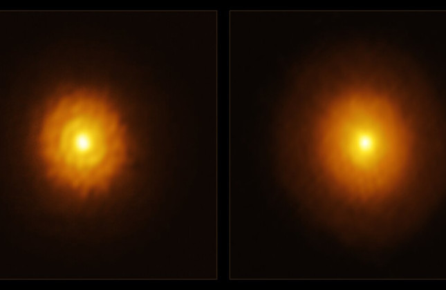 De eerste ALMA-beelden van de ster MP Mus (rechts) lieten een egale schijf rond de ster zien. Maar op langere golflengten (links) is een lege gordel te zien die op het bestaan van een planeet wijst. © ALMA(ESO/NAOJ/NRAO)/A. Ribas et al.