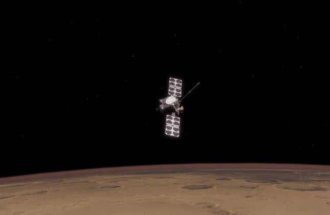 Artist’s impression van een ESCAPADE-sonde boven de planeet Mars. © James Rattray/Rocket Lab USA