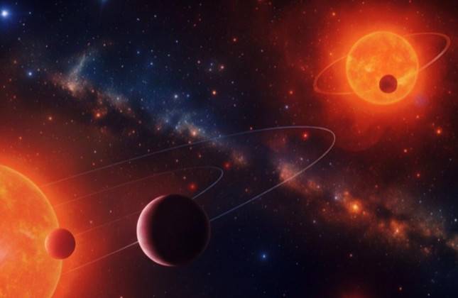 Artist’s impression van de exoplaneten in het dubbelstersysteem TOI-2267. © Mario Sucerquia-University of Grenoble Alpes