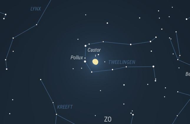 op 20 februari staan Castor en Pollux (Tweelingen) links van maan. (c) www.waddensky.com [CC BY-ND 4.0]
