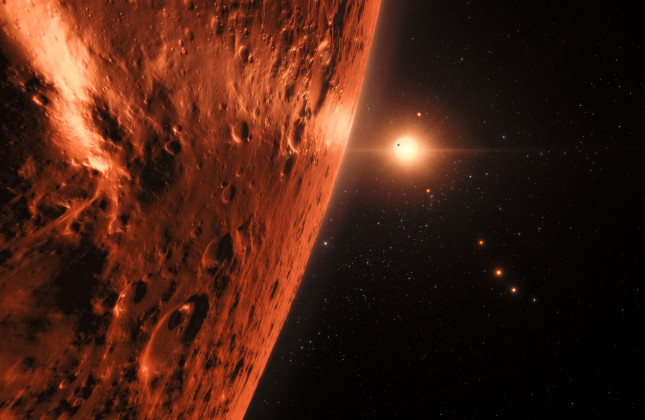 Impressie van het planetenstelsel rondom de ster TRAPPIST-1. (c) ESO/N. Bartmann/spaceengine.org