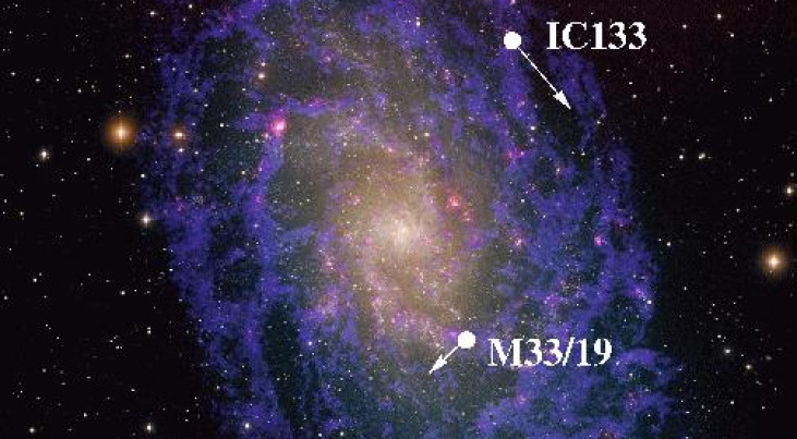 Positie van twee waterdampwolken (IC133 en M33/19) en hun beweging ten gevolge van de rotatie van het stelsel. 
