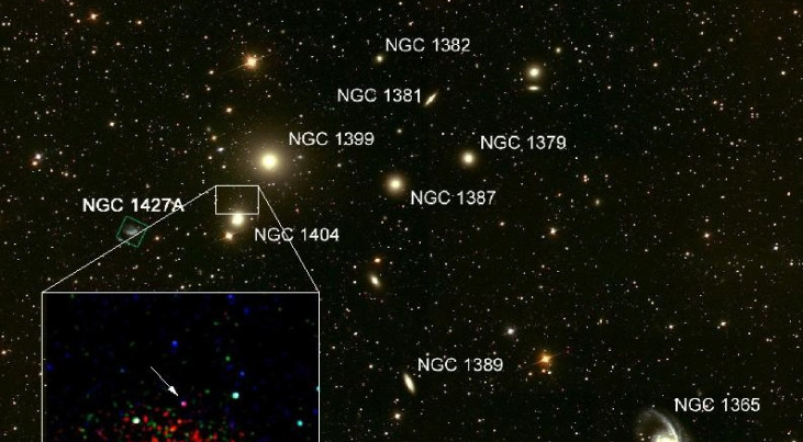 Samengesteld beeld: optische opname van de cluster van melkwegstelsels waar NGC 1404 bijhoort, met een zoom-in van het röntgenplaatje waarin de mogelijke progenitor (voorloperster) te zien is. Credit: Z. Levay, L. Frattare (STScI), A Karick, MGregg (LLNL