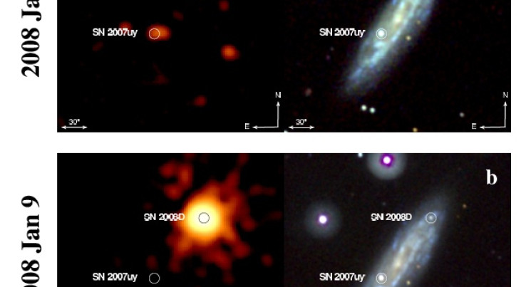 Röntgen- (links)  en UV-beeld (rechts)  van voor en na de explosie van SN2008D
