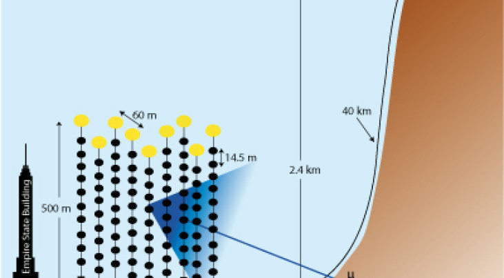 Detectieprincipe van de Antares neutrinotelescoop, die nu helemaal compleet is en is gestart met onderzoek aan hoog-energetische neutrino's.