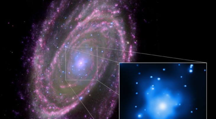 Deze compositiefoto van het spiraalstelsel M81 toont röntgenstraling (blauw), zichtbaar licht (groen), infrarood licht (roze) en ultraviolet (paars). De inzet laat een close-up zien van het Chandra beeld. In de kern van M81 bevindt zich een superzwaar zw