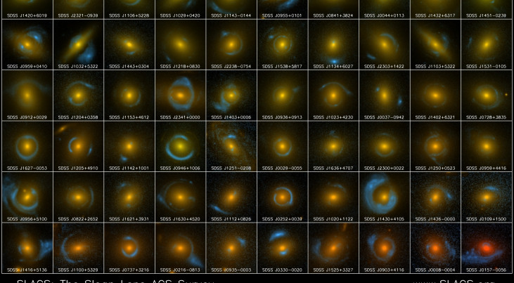 Verzameling van SLACS-zwaartekrachtlenzen. Het lensstelsel is geel-oranje van kleur, het vervormde achtergrondstelsel blauw (Credit: A. Bolton, SLACS/NASA/ESA)