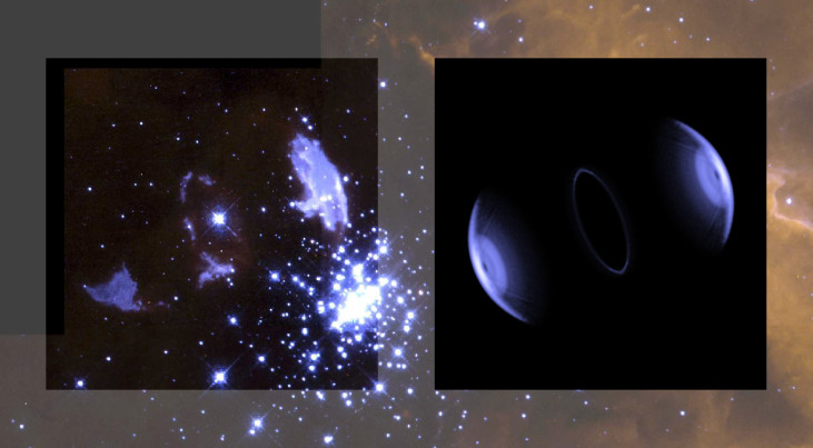 Opname van de Sher 25 nevel door de Hubble Space Telescope plus het overeenkomstige resultaat van het computermodel.
