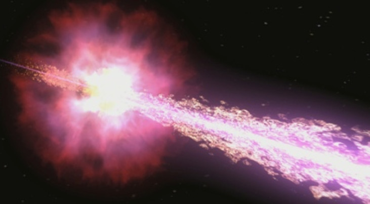 naked_eye_grb_animation.jpg: Dit figuur laat zien hoe de recordgammaflits van 19 maart 2008 door astronomen verklaard kan worden: een zware ster is aan het einde van zijn leven gekomen en explodeert. Hierbij schiet hij materie met bijna de lichtsnelheid d