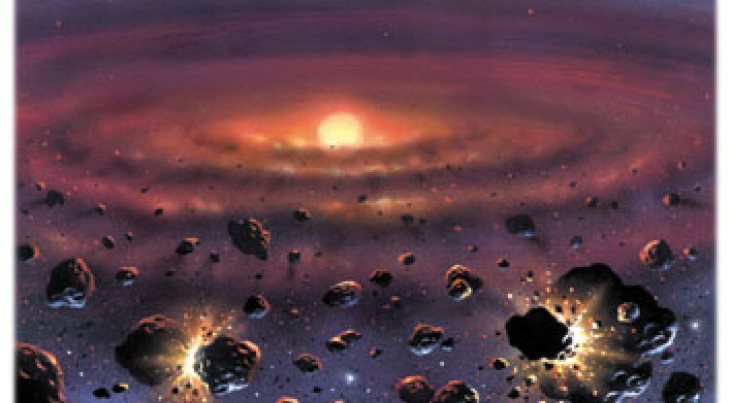 Impressie van de protoplanetaire schijf, waarin de planeten van ons zonnestelsel zijn ontstaan. (Illustratie: David A. Hardy)
