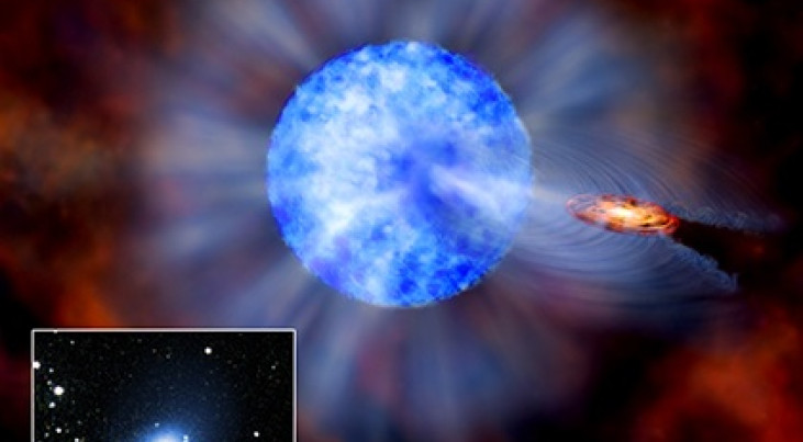 Een impressie van de dubbelster M33-X7 in het melkwegstelsel M33 (Driehoeksnevel).  De begeleidende ster behoort met een massa van 70 keer die van de zon tot een van de allerzwaarste sterren (weergegeven in blauw). Het zwarte gat bevindt zich in het midde