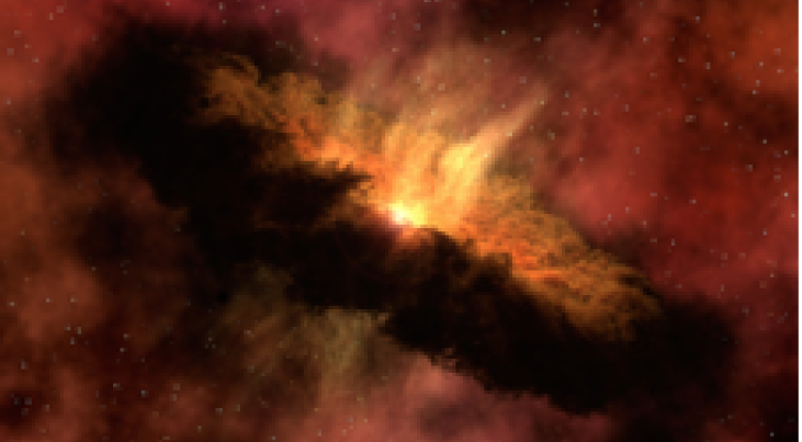 Een artistieke impressie van een dikke schijf van stof en gas rond een jonge ster. In deze protoplanetaire schijf vormen zich planeten.  Credit: NASA/JPL-Caltech


