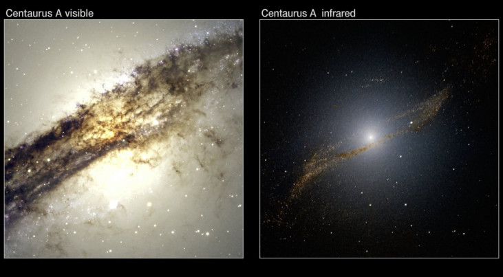 Centaurus A in zichtbaar licht (links) en nabij-infrarood (rechts) (c) ESO