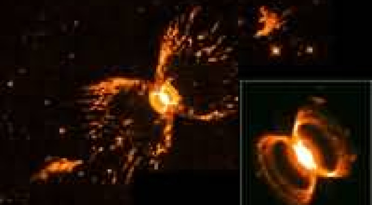 Opname van de zuidelijke krabnevel (He2-104) met de Hubble-telescoop. In het centrum is een dubbelster gevonden, die verantwoordelijk wordt gehouden voor het uitstoten van gas en stof. De straling van de sterren doet het gas oplichten, wat deze fraaie nev