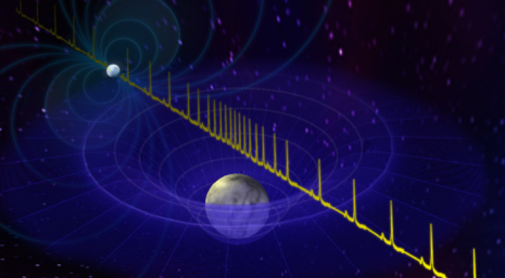 Artistieke impressie van PSR J1614-2230. Pulsen van de neutronenster worden vertraagd als ze de witte dwerg op de voorgrond passeren. Door dit effect konden astronomen de massa van dit dubbelstersysteem bepalen. Credit: Bill Saxton, NRAO/AUI/NSF
Credit