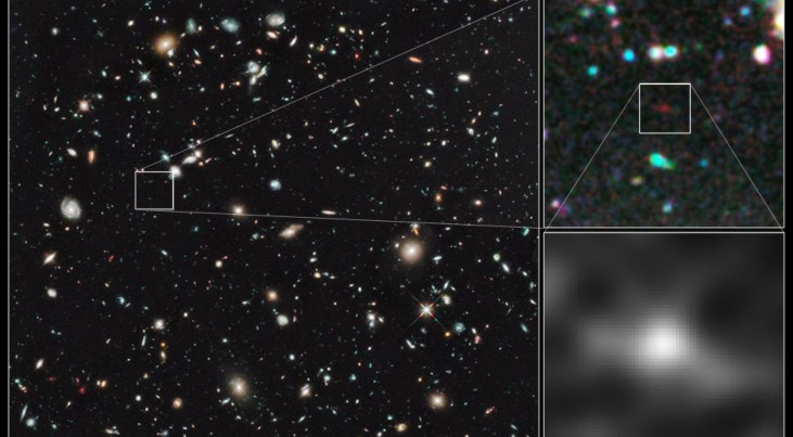 Hubble Ultra Deepfield met rechts het kandidaat-sterrenstelsel op Z~10 (c) Nasa, ESA, R. Bouwens (University of Leiden, University of California, Santa Cruz), en G. Illingworth (University of California, Santa Cruz), en het HUDF09 Team