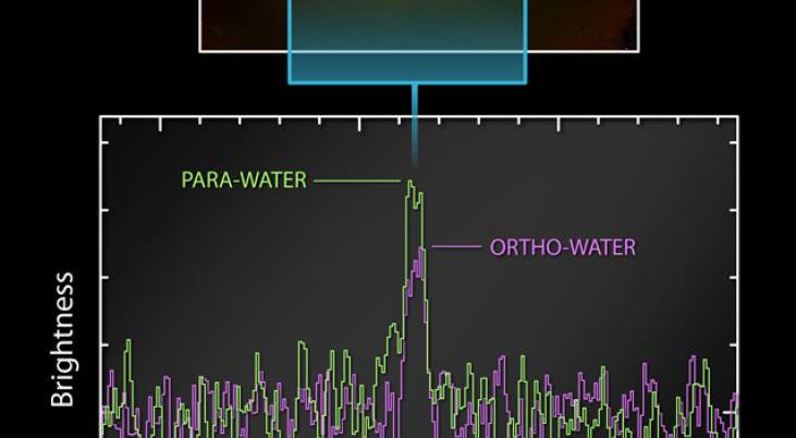 Deze grafiek van de gegevens van het HIFI-instrument aan boord van Herschel laat zien hoe de koude waterdamp is gedetecteerd. Watermoleculen komen voor in twee ‘spin’-vormen, ortho en para, waarin de spin van de twee waterstofkernen verschillende ori