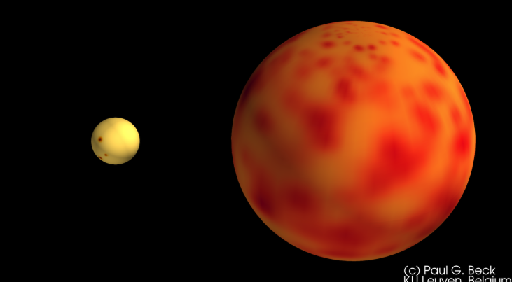 Illustratie van onze zon in vergelijking met een rode reus (rechts) Credit: Paul G. Beck, KU Leuven, België