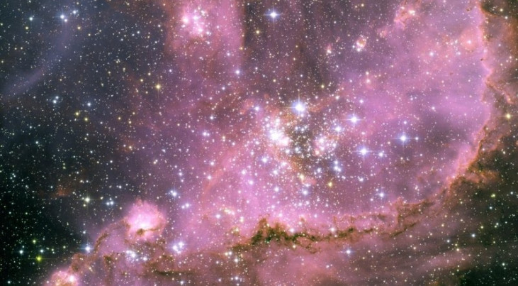 Het centrum van de stercluster NGC346 in de Kleine Magelhaense Wolk (credit: Antonella Nota (ESA/STScI) et al., ESA, NASA). De hoogte van het figuur komt overeen met ongeveer 150 lichtjaar. NGC346 bevat ongeveer 50 procent van de totale hoeveelheid zeer z