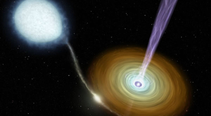 Artist’s concept van een jet die materiaal
wegschiet van een neutronenster (NASA/JPL-Caltech/R. Hurt (SSC))
