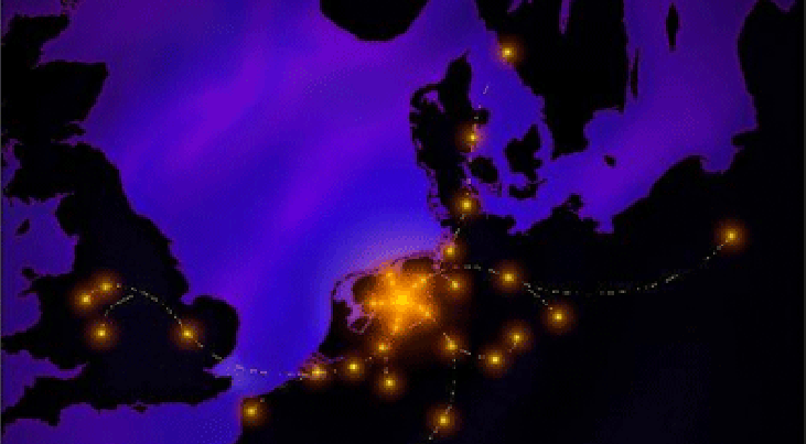 Een plattegrond met daarop een impressie van de LOFAR telescoop. De antennes zijn in groepen van honderd stuks bij elkaar geplaatst. De paar honderd van deze 'stations' (de heldere punten) zijn d.m.v. een snel glasvezelnetwerk (stippellijnen) met elkaar v