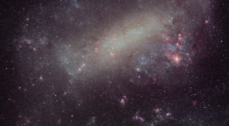 Opname van de Grote Magelhaense Wolk waarin de sterrenhopen NGC2004 en NGC2100 zich bevinden.