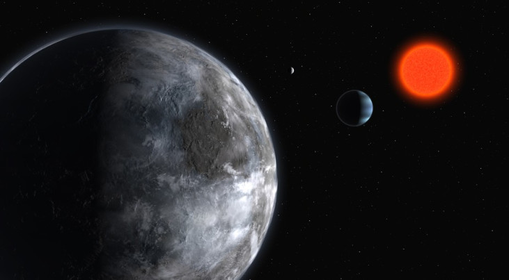 Artist's impression van het planetaire systeem rond de rode dwerg Gliese 581. Met behulp van het HARPS-instrument op ESO's 3,6 meter telescoop in Chili, hebben astronomen drie planeten ontdekt met een relatief lage massa, resp. 5, 8 and 15 maal de massa v