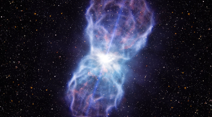 Deze afbeelding geeft een impressie van de materie die door het gebied rond het superzware zwarte gat in de quasar SDSS J1106+1939 wordt uitgestoten. Dit object heeft de krachtigste materiestroom die ooit is waargenomen – zeker vijf keer zo krachtig als