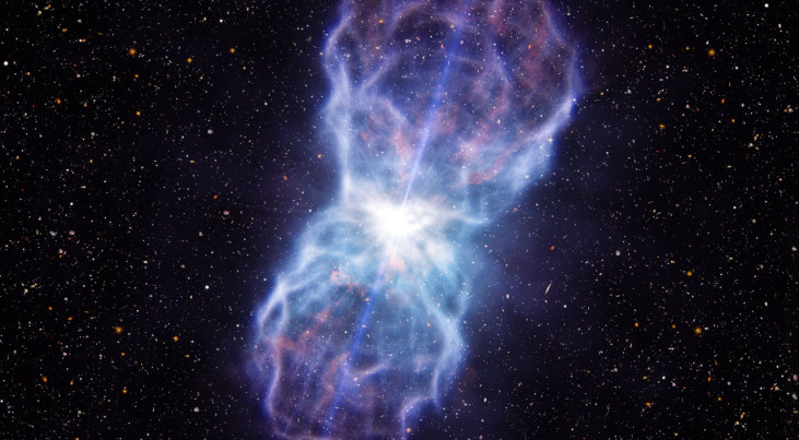 Deze afbeelding geeft een impressie van de materie die door het gebied rond het superzware zwarte gat in de quasar SDSS J1106+1939 wordt uitgestoten. Dit object heeft de krachtigste materiestroom die ooit is waargenomen – zeker vijf keer zo krachtig als