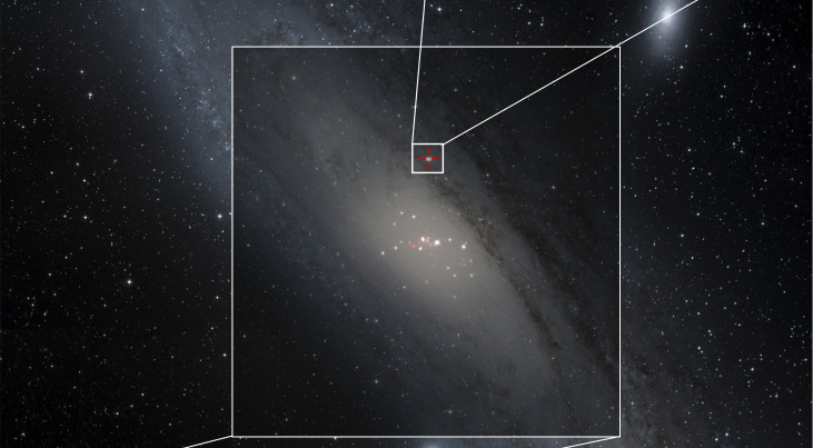 Beeld van het naburige Andromeda-sterrenstelsel, dat de ultraheldere röntgenbron op diverse golflengten laat zien. X-rays: ESA/M. Middleton et al., Radio: NRAO/M. Middleton et al., Optical: Aladin/STScI DSS  