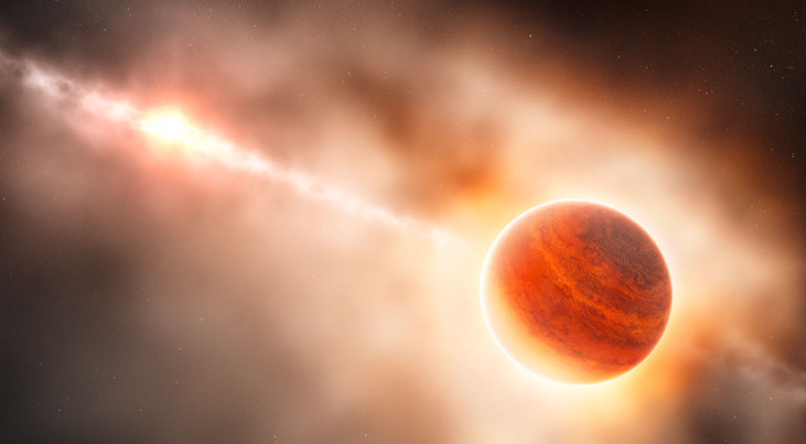 Artist’s impression van een grote gasplaneet die uit het stof rond de jonge ster HD 100546 ontstaat (c) ESO/L. Calçada