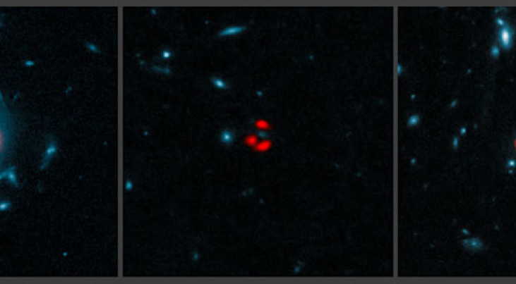 ALMA-opnamen van verre gravitatielens-versterkte starburst-stelsels Deze fotomontage combineert gegevens van ALMA met opnamen van vijf verre sterrenstelsels die met de Hubble-ruimtetelescoop van NASA en ESA zijn gemaakt.  Credit: ALMA (ESO/NRAO/NAOJ), J. 