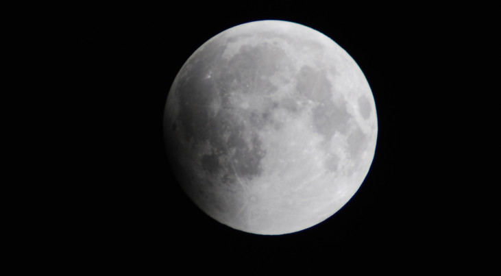 De eerste fase van de volledige maansverduistering die plaatsvondt in december 2010. Bij de gedeeltelijke maansverduistering van vanavond is het linkerbovengedeelte verduisterd.  Credit: David Dickinson