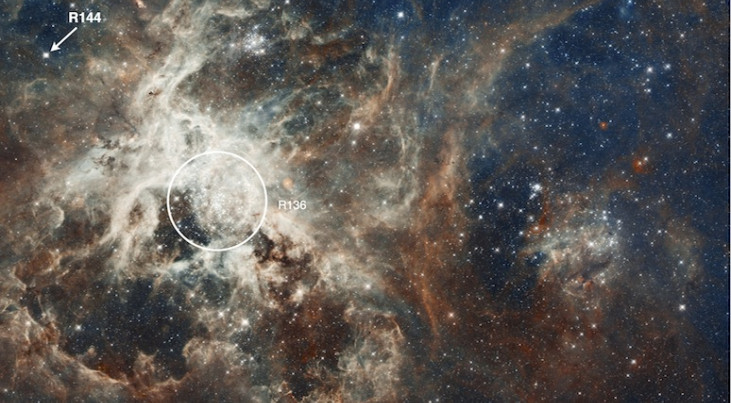 Tarantulanevel. De zware dubbelster R144 is met een pijl aangegeven. Links van het midden bevindt zich de centrale sterrenhoop R136. Klik op de foto voor een grote versie (c) NASA, ESA, D. Lennon en E. Sabbi (ESA/STScI)