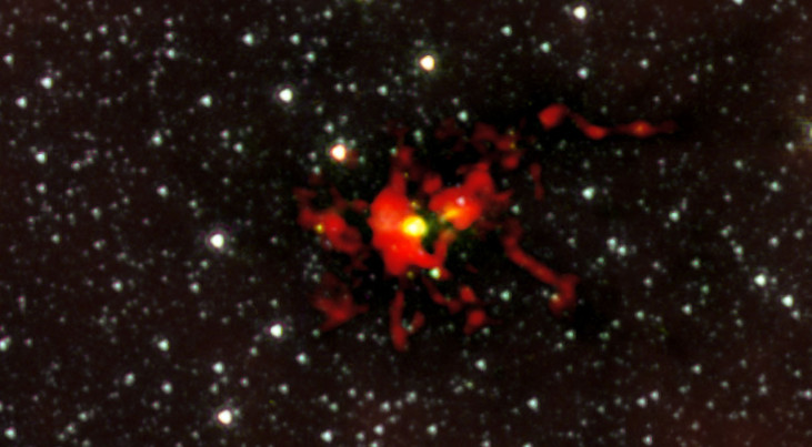 ALMA neemt de geboorte van een monsterster waar. Credit: ALMA (ESO/NRAJ/NRAO)/NASA/Spitzer/JPL-Caltech/GLIMPSE