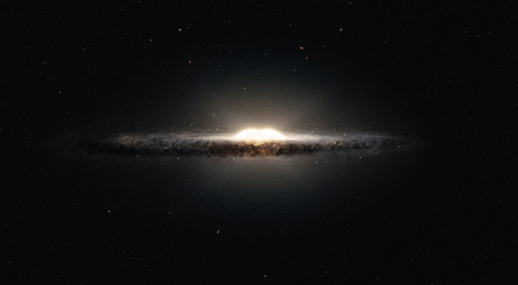 Artist’s impression van de pindavormige centrale uitstulping van de Melkweg Credit: ESO/NASA/JPL-Caltech/M. Kornmesser/R. Hurt