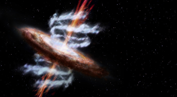 Artistieke impressie van een actief sterrenstelsel. Credit: ESA/AOES Medialab