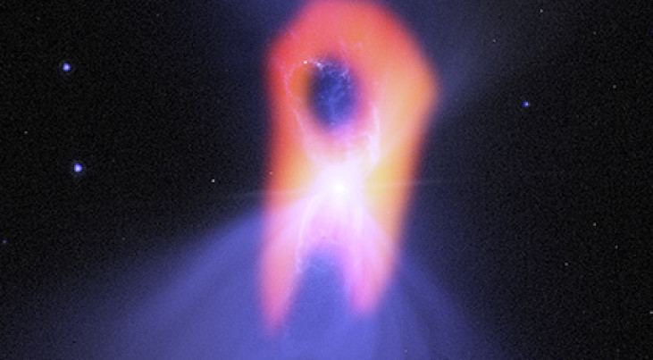 Het Boomerangspook. In werkelijkheid is het roodgekleurde spook superkoud gas van slechts 1 graad boven het absolute nulpunt, dus -272 graden Celsius. Credit: Bill Saxton; NRAO/AUI/NSF; NASA/Hubble; Raghvendra Sahai