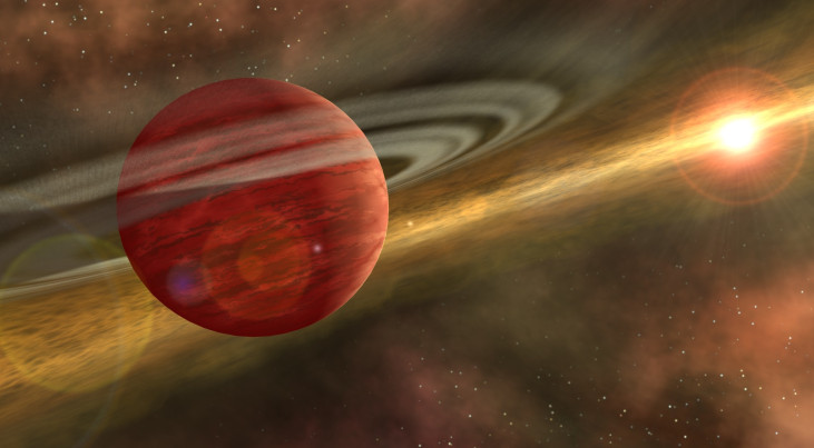 Artistieke impressie van een jonge planeet in een ver verwijderde baan rond zijn ster. Rond de ster bevindt zich, binnen de baan van de planeet, nog steeds een stofschijf met overgebleven materiaal van het vormingsproces. Credit: NASA/JPL-Caltech/MSSS